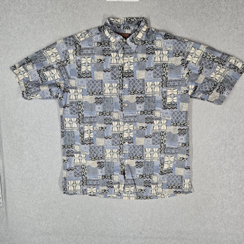 Tori Richard Men Button Up Shirt L Blue Geometric Hawaiian Shirt